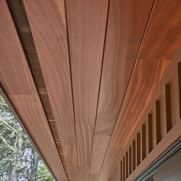 4,500 SqFt of T&#38;G Sapele soffit cladding, pre-finished and installed Bar Harbor home